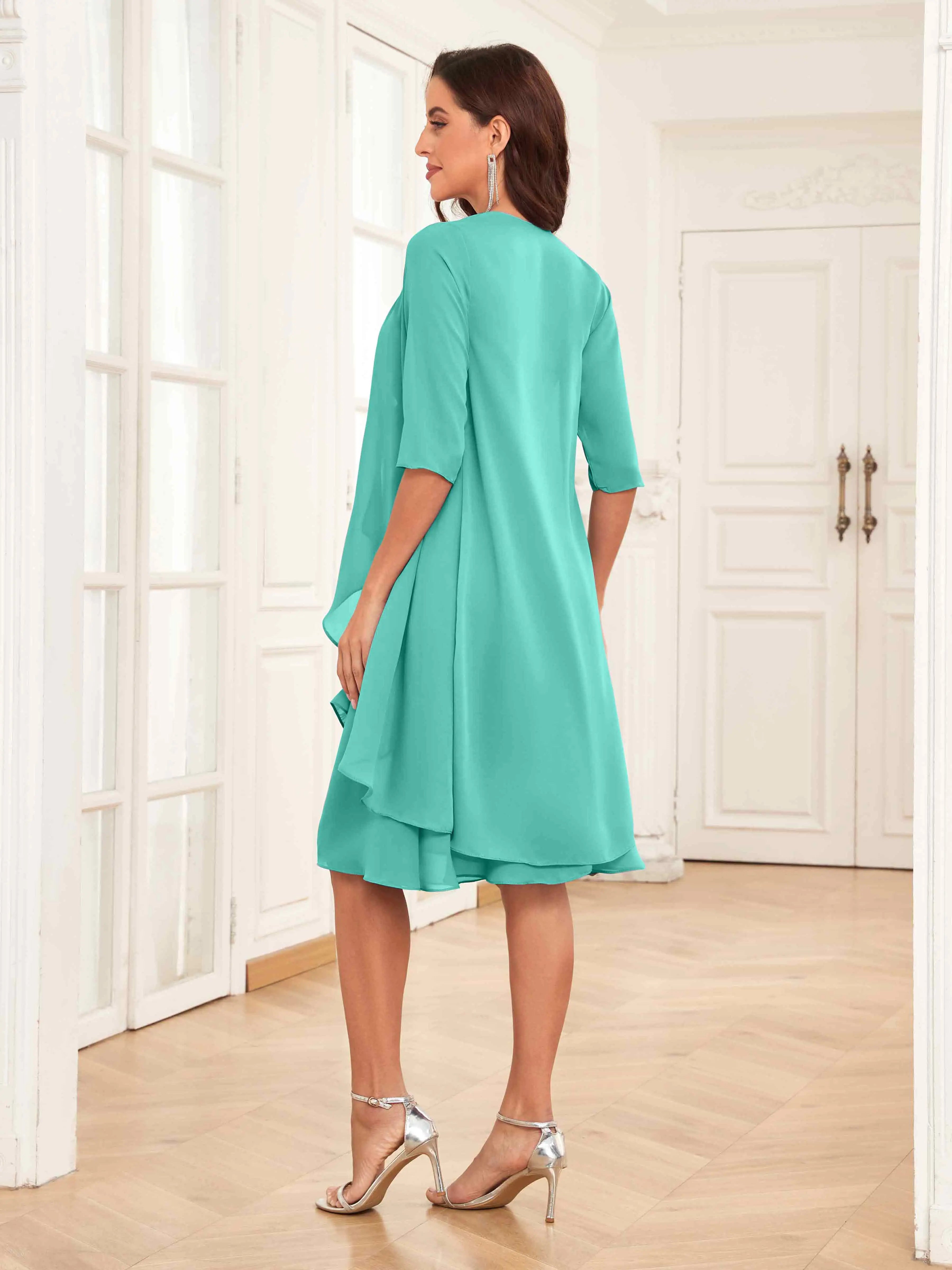 Mother of the Bride Chiffon Dress Set – Two Piece Ruched Knee Length Formal Dress with Beading oaklynwear
