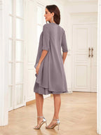 Mother of the Bride Chiffon Dress Set – Two Piece Ruched Knee Length Formal Dress with Beading oaklynwear