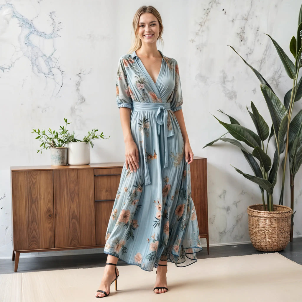 Oaklyn Botanical Floral Wrap Maxi Dress – Collar V-Neck Elbow Sleeve Self-Tie Belt Elegant Style oaklynwear