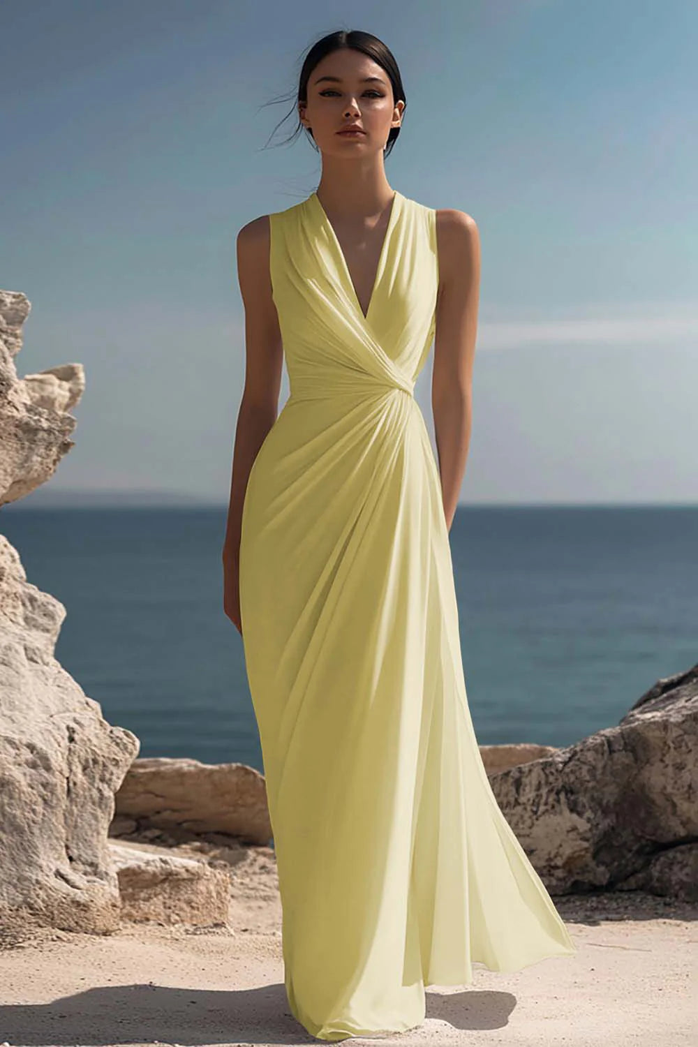 Blanche | Ruched Chiffon V-Neck Maxi Dress oaklynwear