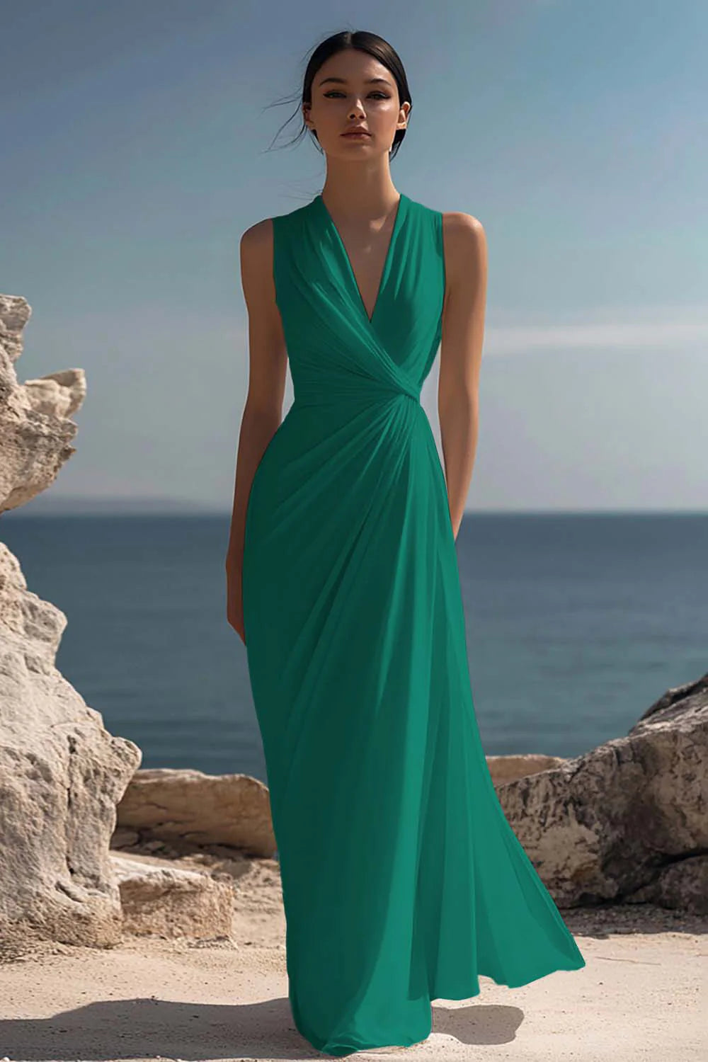 Blanche | Ruched Chiffon V-Neck Maxi Dress oaklynwear