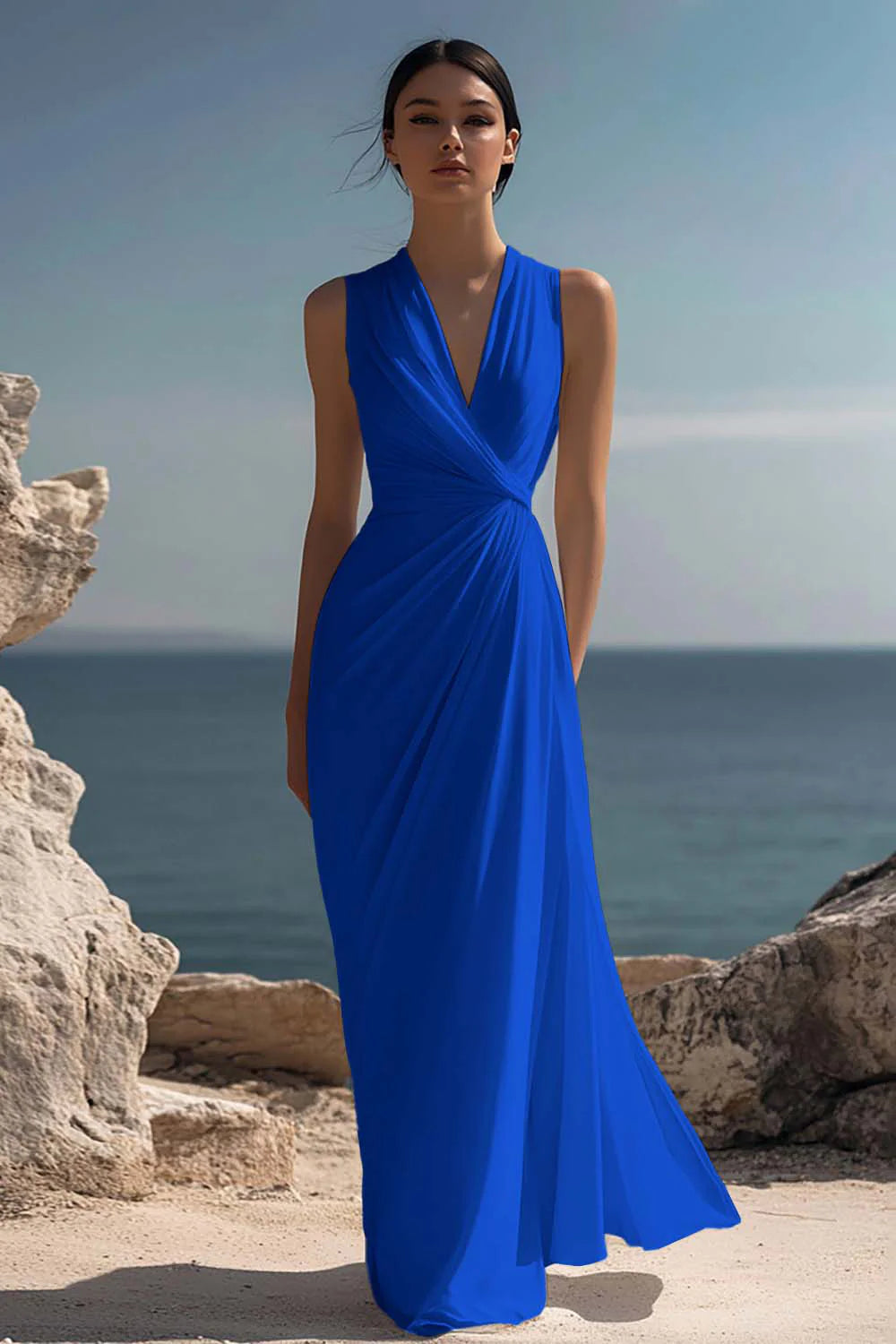 Blanche | Ruched Chiffon V-Neck Maxi Dress oaklynwear