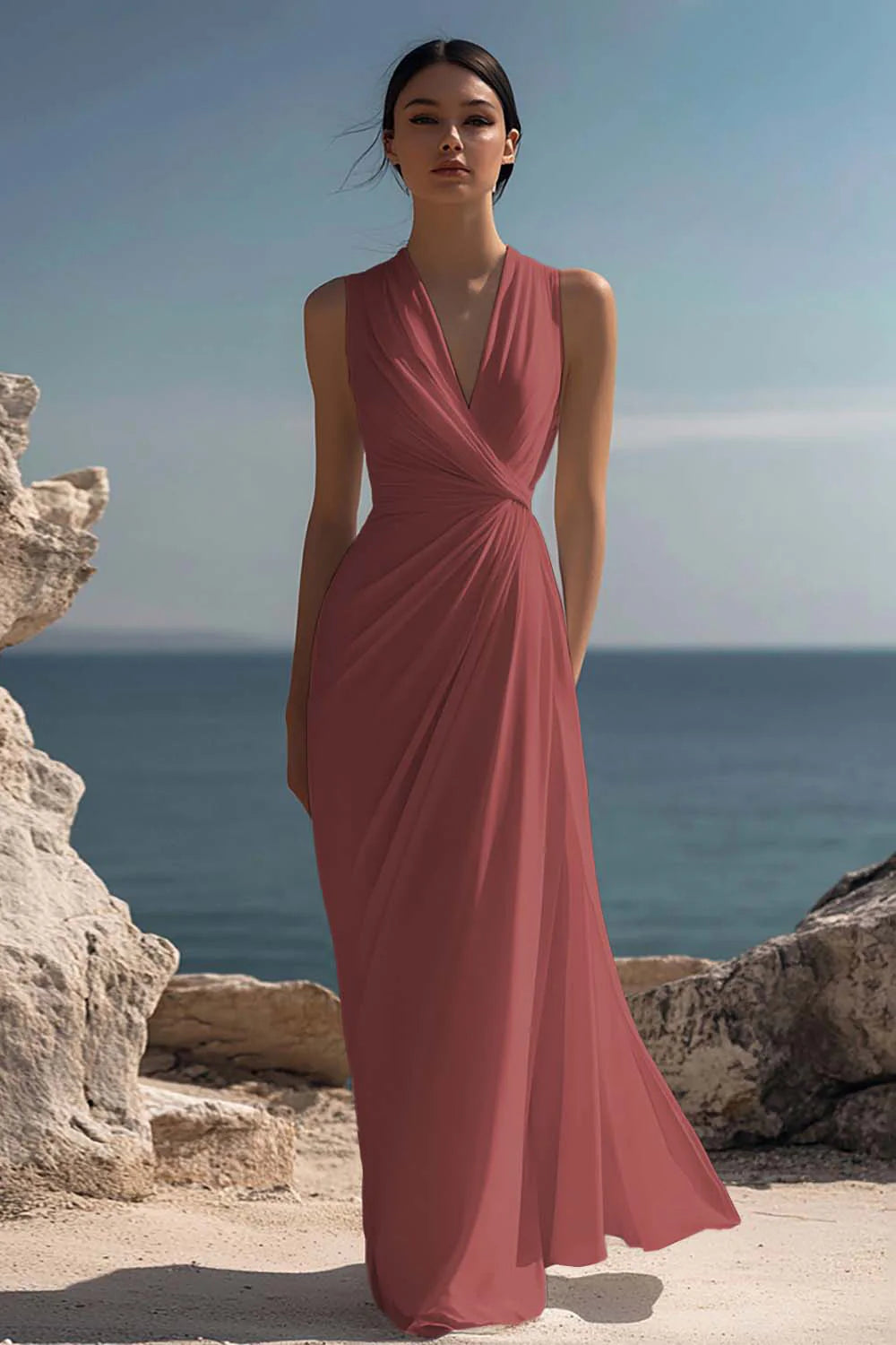Blanche | Ruched Chiffon V-Neck Maxi Dress oaklynwear