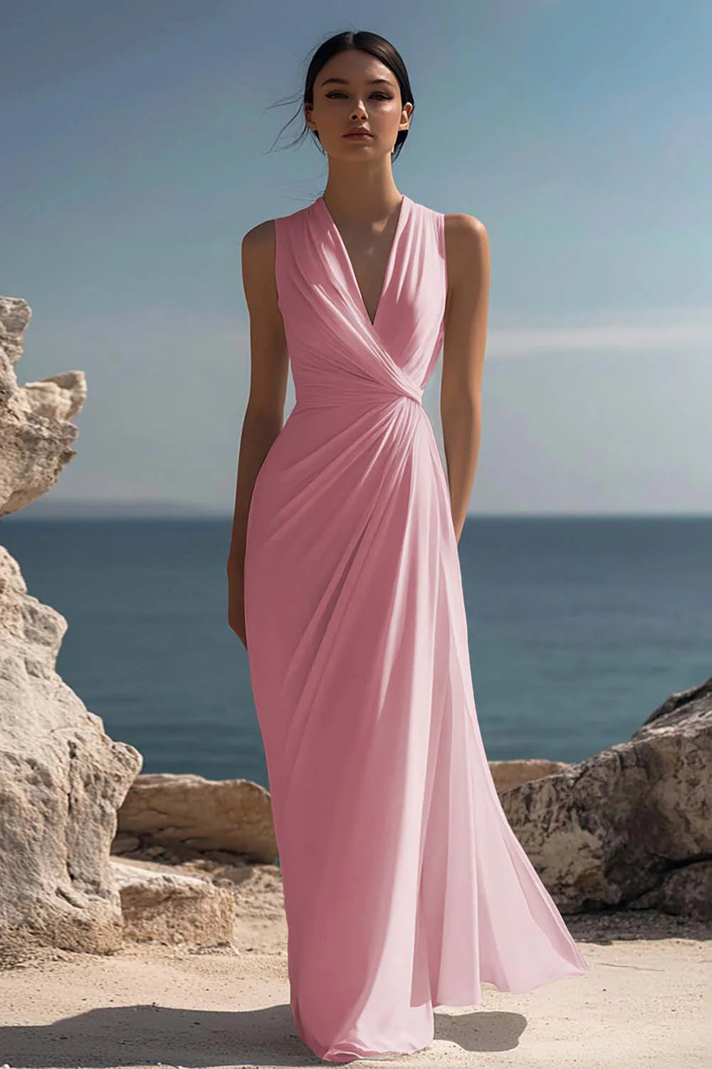 Blanche | Ruched Chiffon V-Neck Maxi Dress oaklynwear
