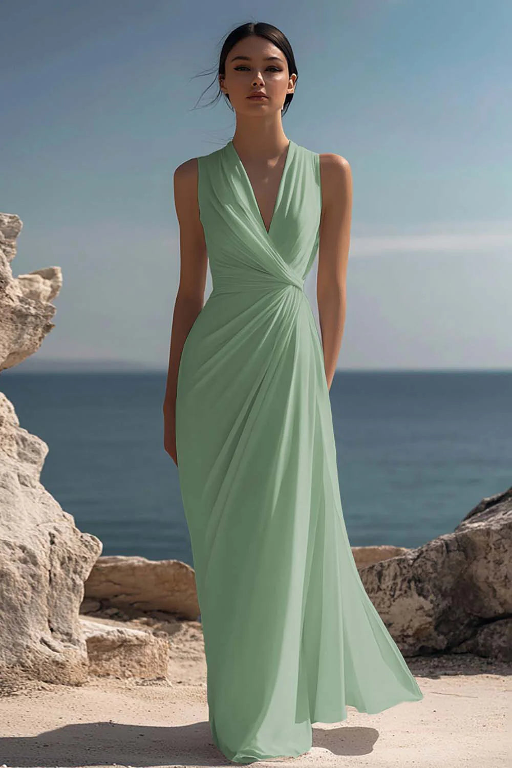 Blanche | Ruched Chiffon V-Neck Maxi Dress oaklynwear