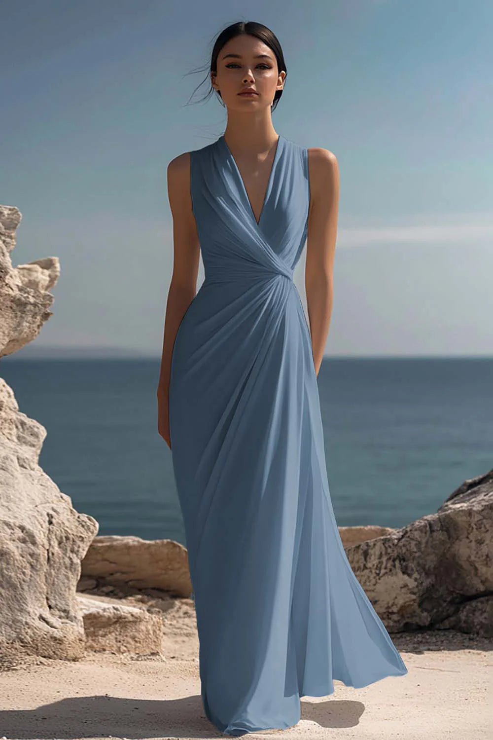 Blanche | Ruched Chiffon V-Neck Maxi Dress oaklynwear