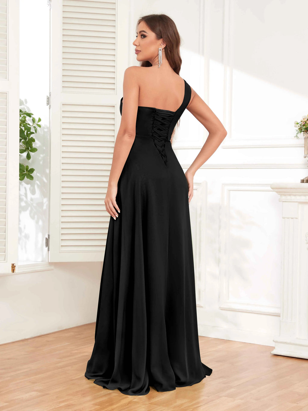 One Shoulder Chiffon Bridesmaid Dress – A-Line Pleated Floor Length Formal Dress with Slit oaklynwear