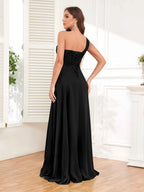 One Shoulder Chiffon Bridesmaid Dress – A-Line Pleated Floor Length Formal Dress with Slit oaklynwear