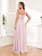 One Shoulder Chiffon Bridesmaid Dress – A-Line Pleated Floor Length Formal Dress with Slit oaklynwear