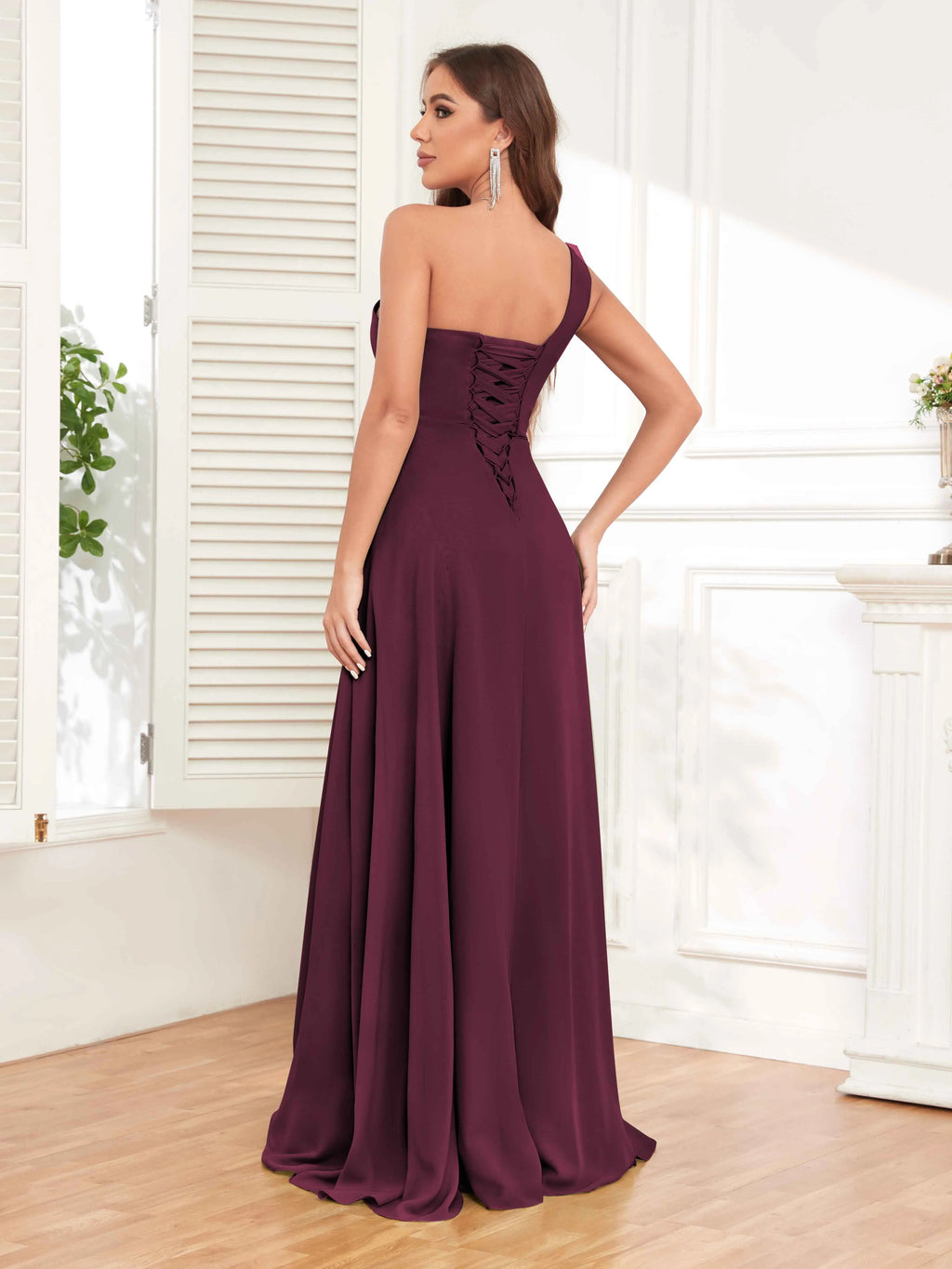 One Shoulder Chiffon Bridesmaid Dress – A-Line Pleated Floor Length Formal Dress with Slit oaklynwear