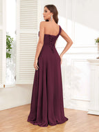 One Shoulder Chiffon Bridesmaid Dress – A-Line Pleated Floor Length Formal Dress with Slit oaklynwear