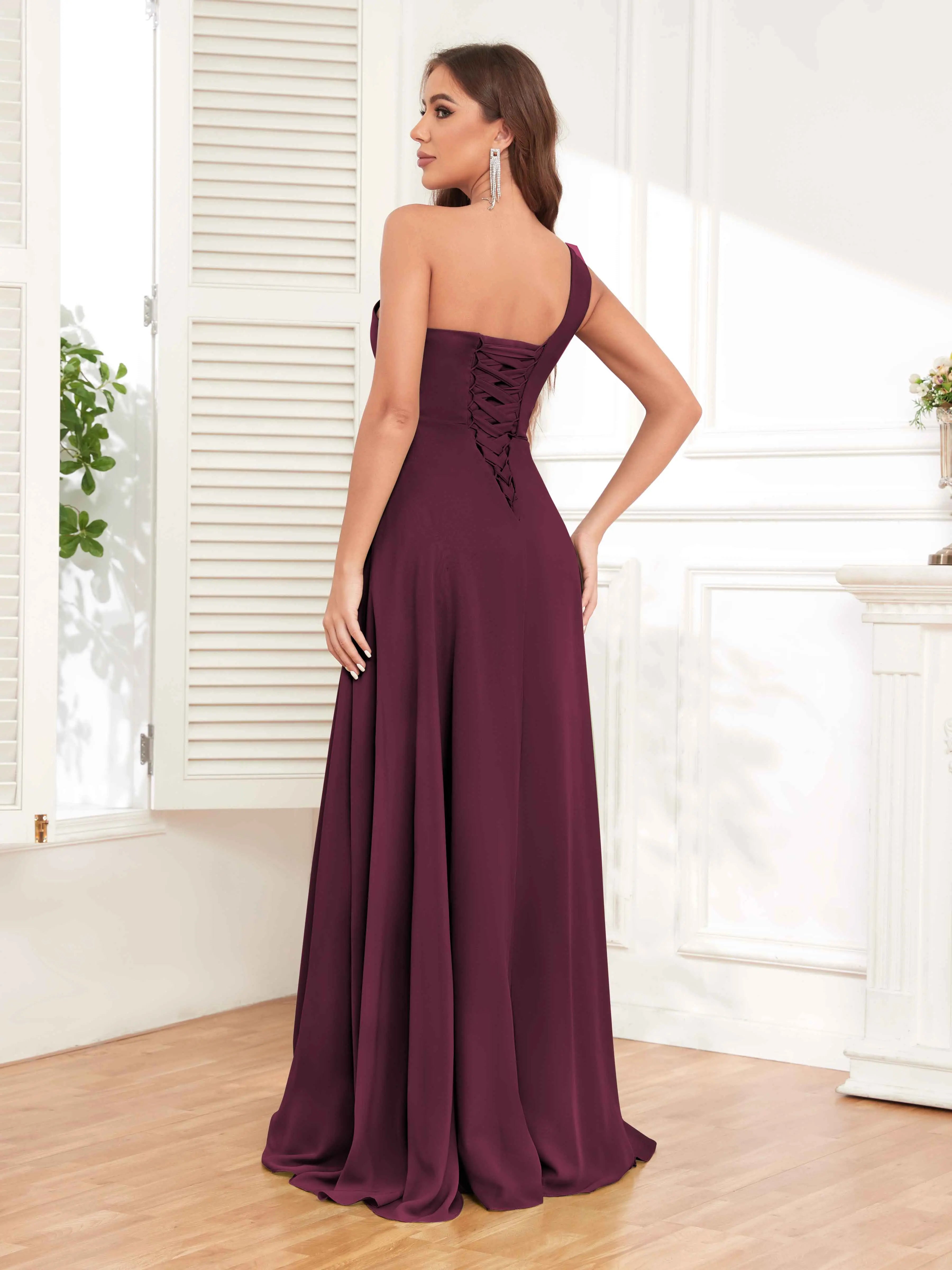 One Shoulder Chiffon Bridesmaid Dress – A-Line Pleated Floor Length Formal Dress with Slit oaklynwear