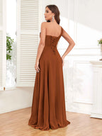 One Shoulder Chiffon Bridesmaid Dress – A-Line Pleated Floor Length Formal Dress with Slit oaklynwear