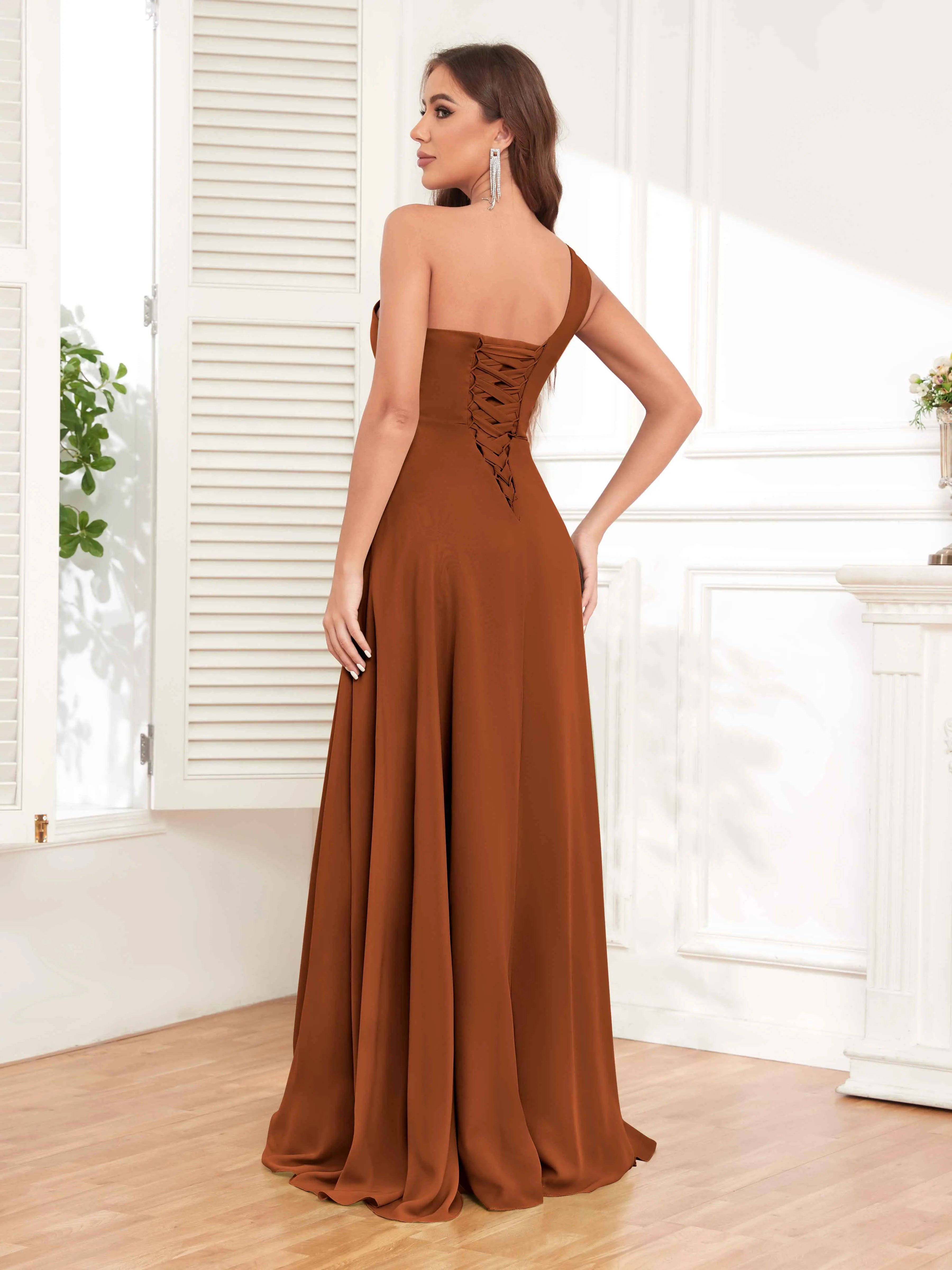 One Shoulder Chiffon Bridesmaid Dress – A-Line Pleated Floor Length Formal Dress with Slit oaklynwear