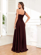 One Shoulder Chiffon Bridesmaid Dress – A-Line Pleated Floor Length Formal Dress with Slit oaklynwear