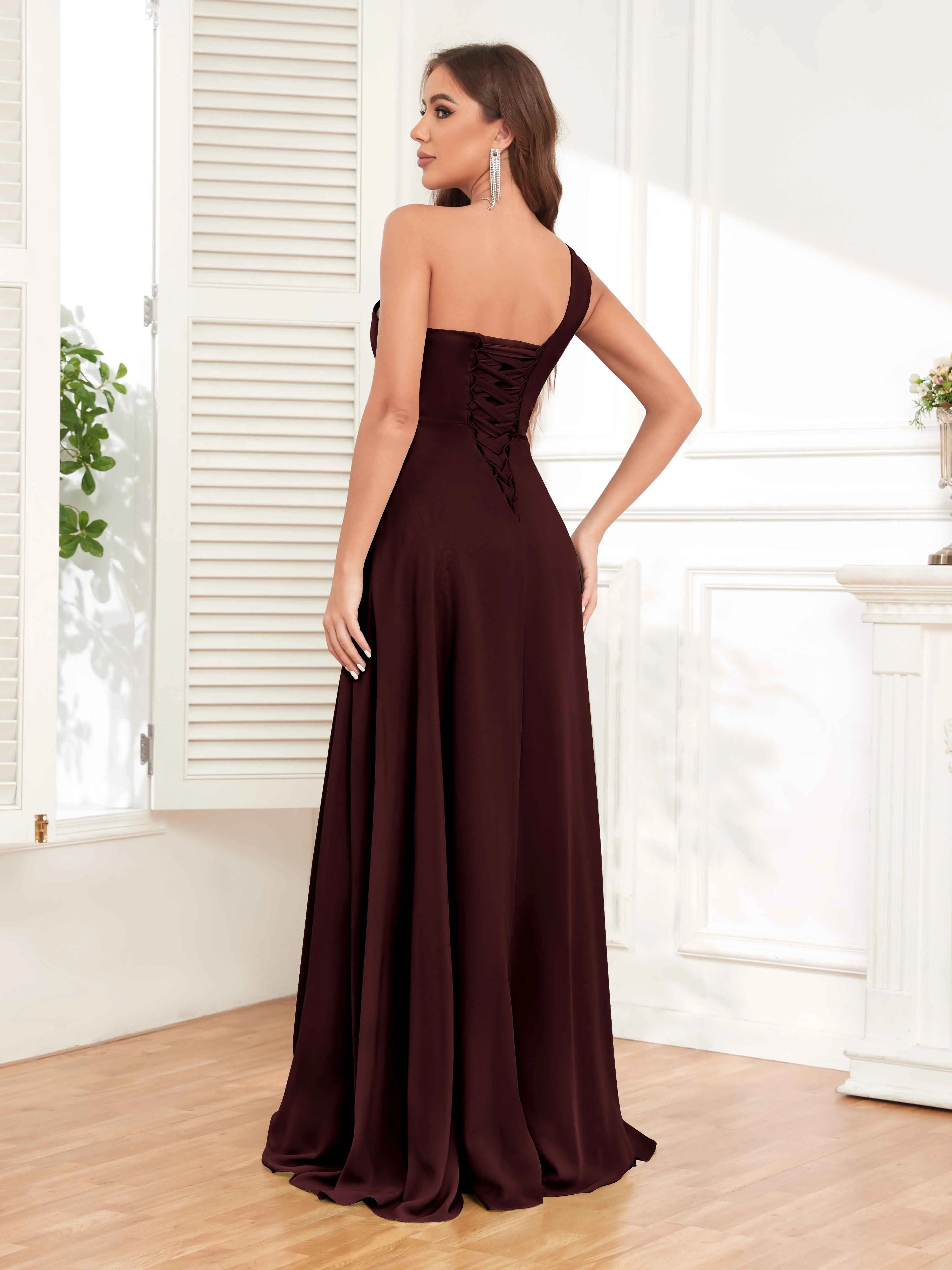 One Shoulder Chiffon Bridesmaid Dress – A-Line Pleated Floor Length Formal Dress with Slit oaklynwear
