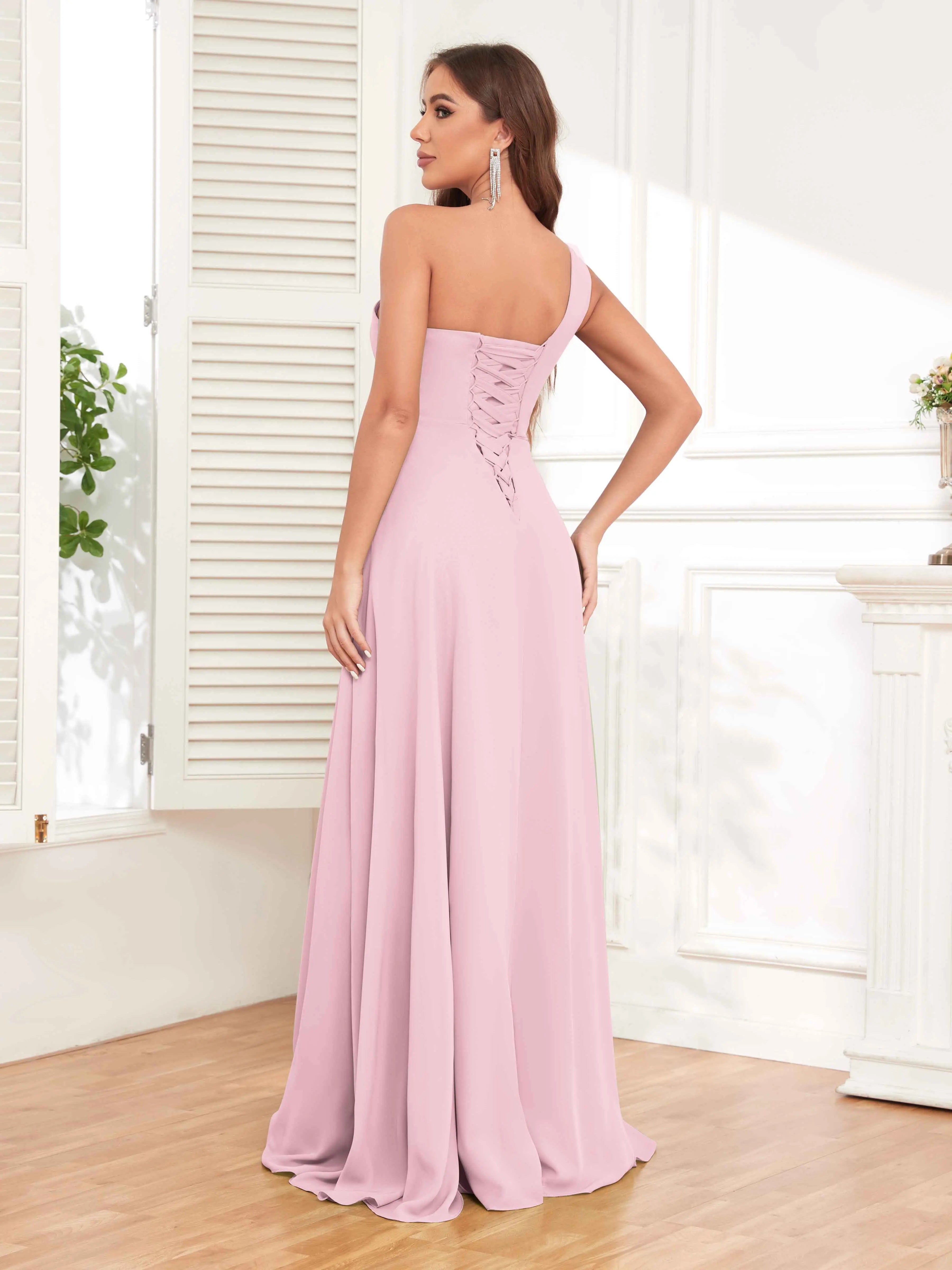 One Shoulder Chiffon Bridesmaid Dress – A-Line Pleated Floor Length Formal Dress with Slit oaklynwear