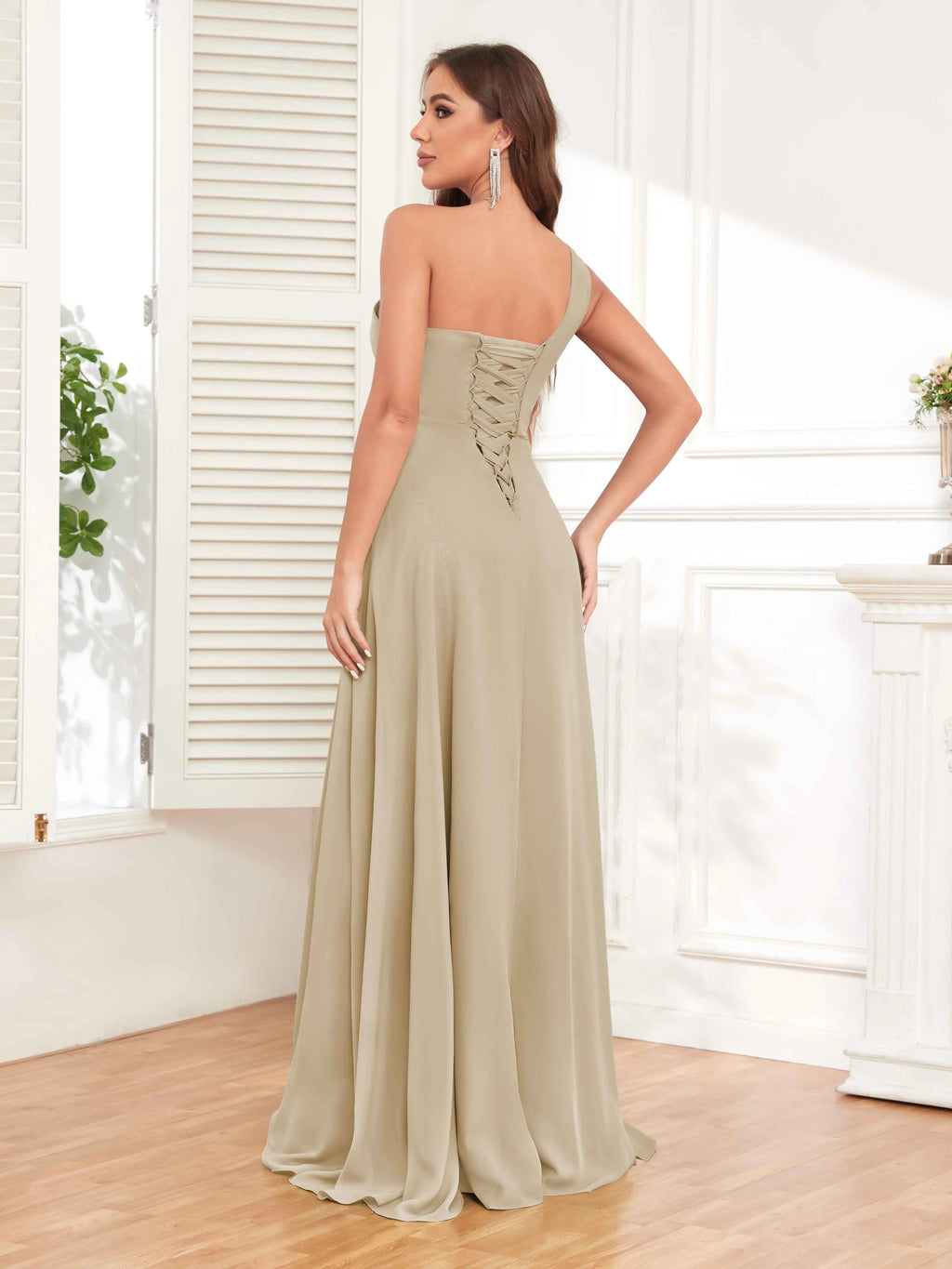 One Shoulder Chiffon Bridesmaid Dress – A-Line Pleated Floor Length Formal Dress with Slit oaklynwear
