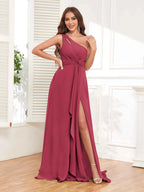 One Shoulder Chiffon Bridesmaid Dress – A-Line Pleated Floor Length Formal Dress with Slit oaklynwear