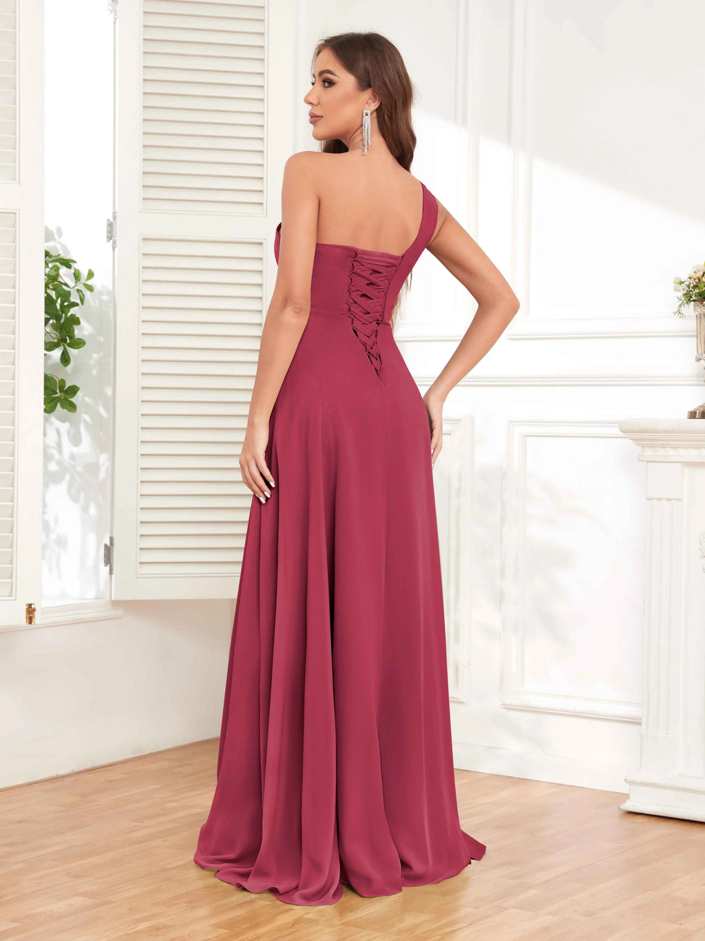 One Shoulder Chiffon Bridesmaid Dress – A-Line Pleated Floor Length Formal Dress with Slit oaklynwear
