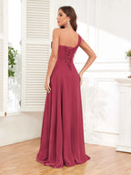 One Shoulder Chiffon Bridesmaid Dress – A-Line Pleated Floor Length Formal Dress with Slit oaklynwear