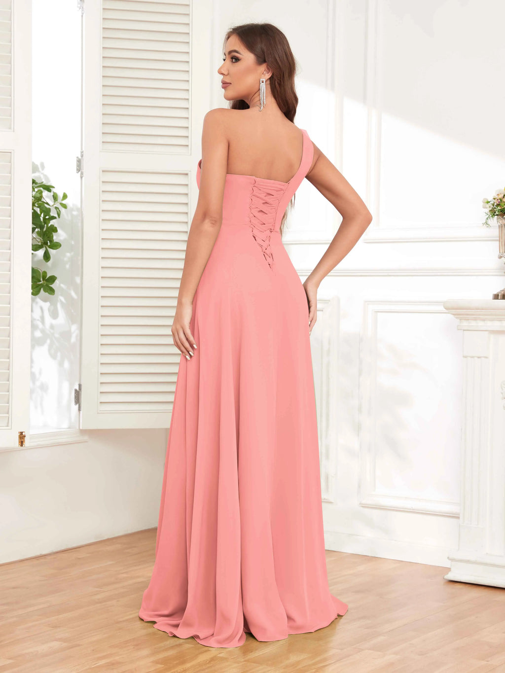 One Shoulder Chiffon Bridesmaid Dress – A-Line Pleated Floor Length Formal Dress with Slit oaklynwear