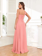 One Shoulder Chiffon Bridesmaid Dress – A-Line Pleated Floor Length Formal Dress with Slit oaklynwear