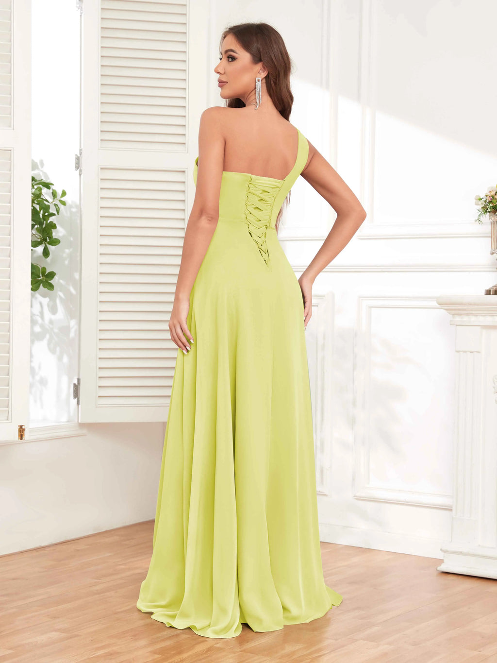 One Shoulder Chiffon Bridesmaid Dress – A-Line Pleated Floor Length Formal Dress with Slit oaklynwear