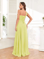 One Shoulder Chiffon Bridesmaid Dress – A-Line Pleated Floor Length Formal Dress with Slit oaklynwear