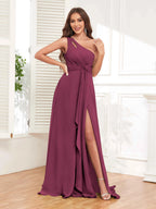 One Shoulder Chiffon Bridesmaid Dress – A-Line Pleated Floor Length Formal Dress with Slit oaklynwear