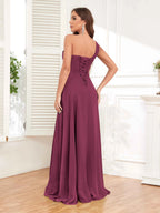 One Shoulder Chiffon Bridesmaid Dress – A-Line Pleated Floor Length Formal Dress with Slit oaklynwear