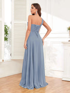 One Shoulder Chiffon Bridesmaid Dress – A-Line Pleated Floor Length Formal Dress with Slit oaklynwear
