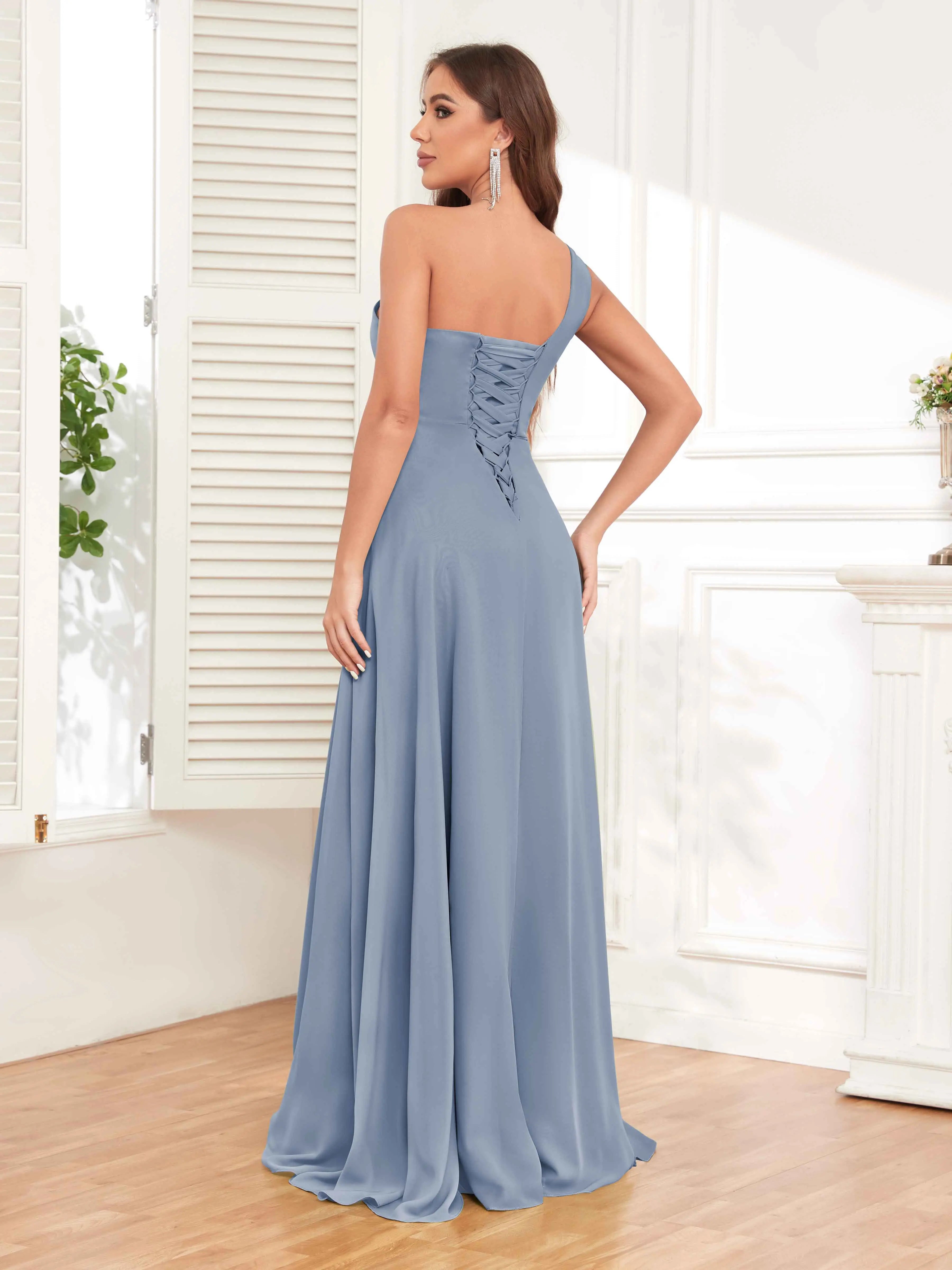 One Shoulder Chiffon Bridesmaid Dress – A-Line Pleated Floor Length Formal Dress with Slit oaklynwear