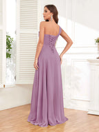 One Shoulder Chiffon Bridesmaid Dress – A-Line Pleated Floor Length Formal Dress with Slit oaklynwear