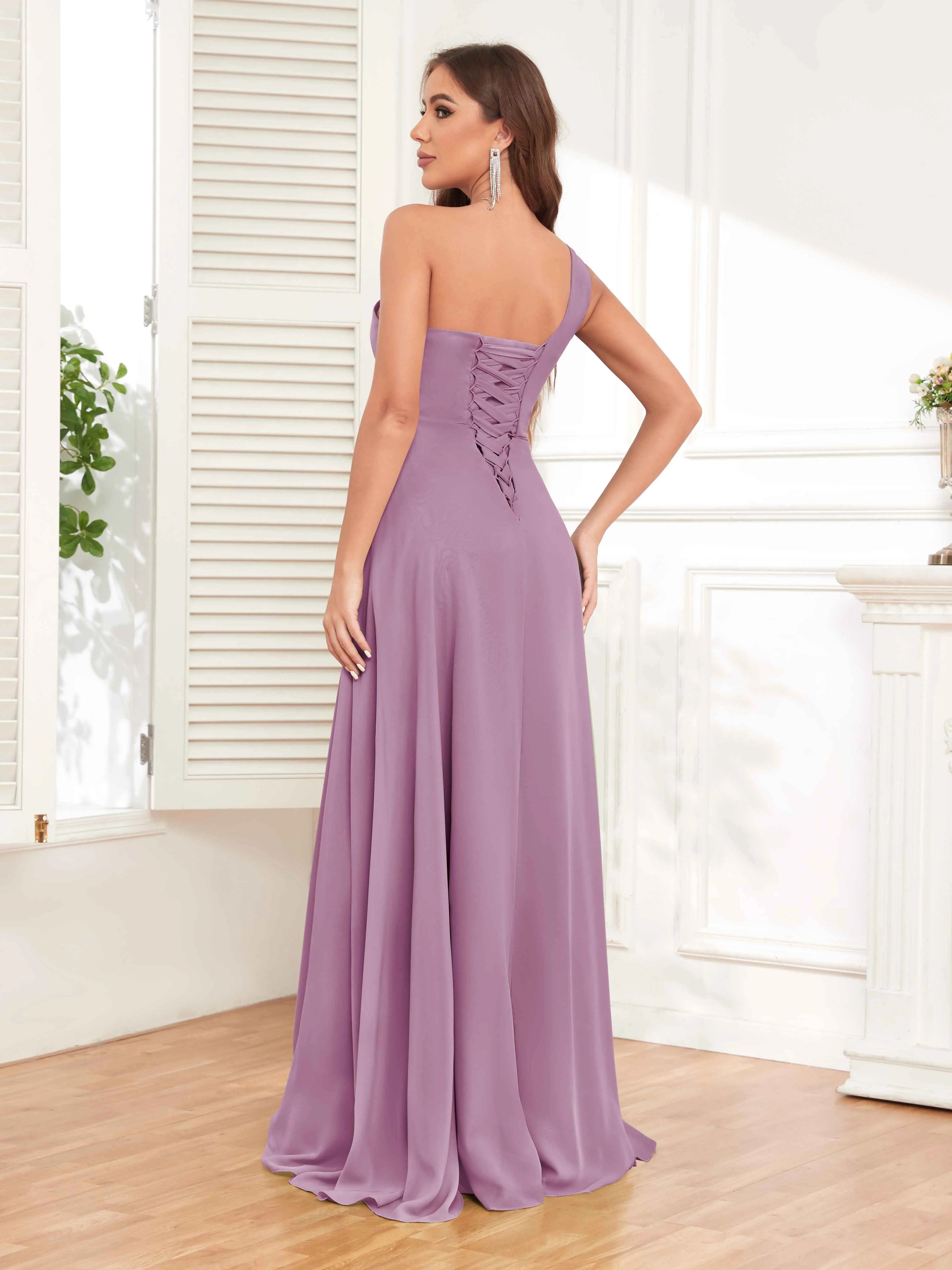 One Shoulder Chiffon Bridesmaid Dress – A-Line Pleated Floor Length Formal Dress with Slit oaklynwear
