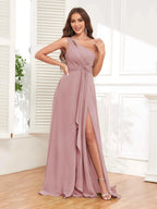 One Shoulder Chiffon Bridesmaid Dress – A-Line Pleated Floor Length Formal Dress with Slit oaklynwear