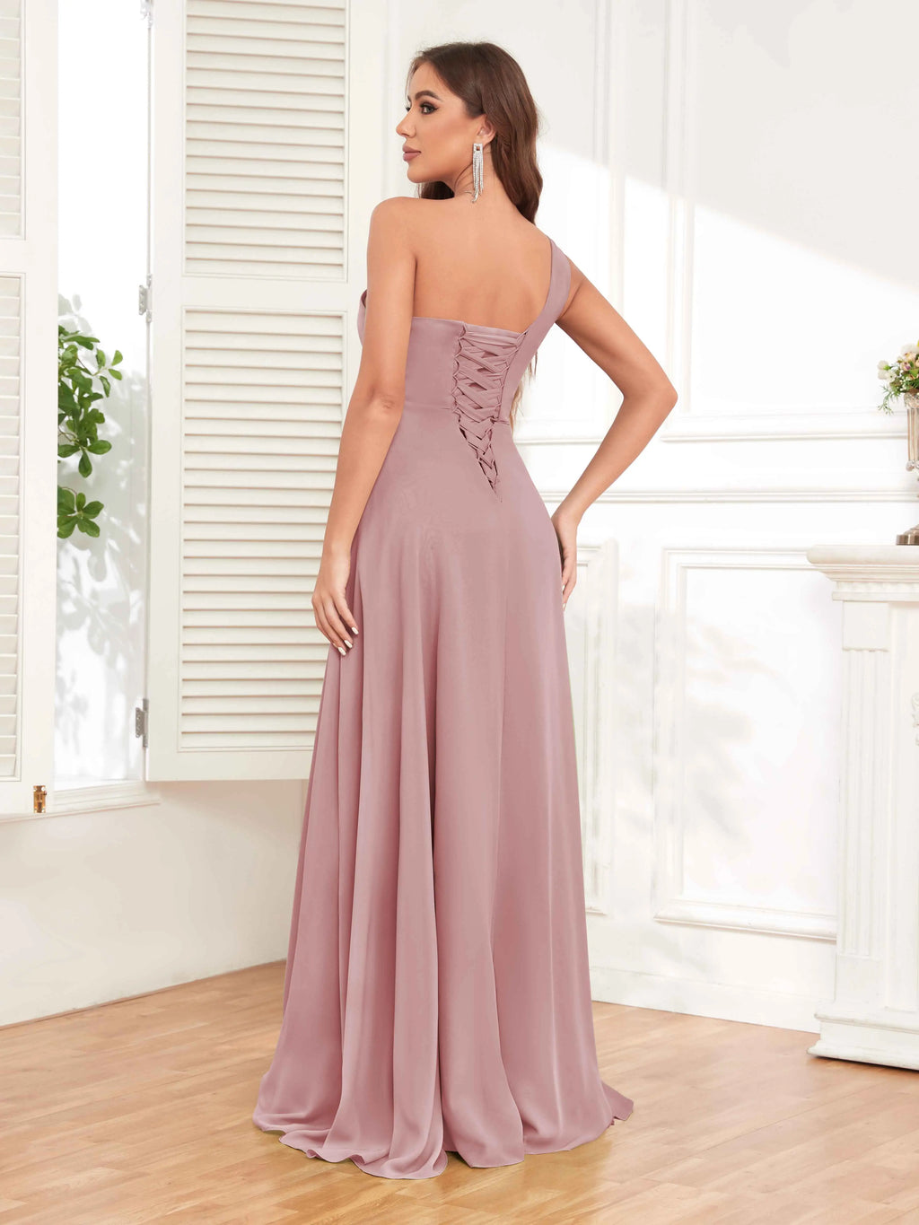 One Shoulder Chiffon Bridesmaid Dress – A-Line Pleated Floor Length Formal Dress with Slit oaklynwear