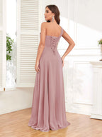 One Shoulder Chiffon Bridesmaid Dress – A-Line Pleated Floor Length Formal Dress with Slit oaklynwear