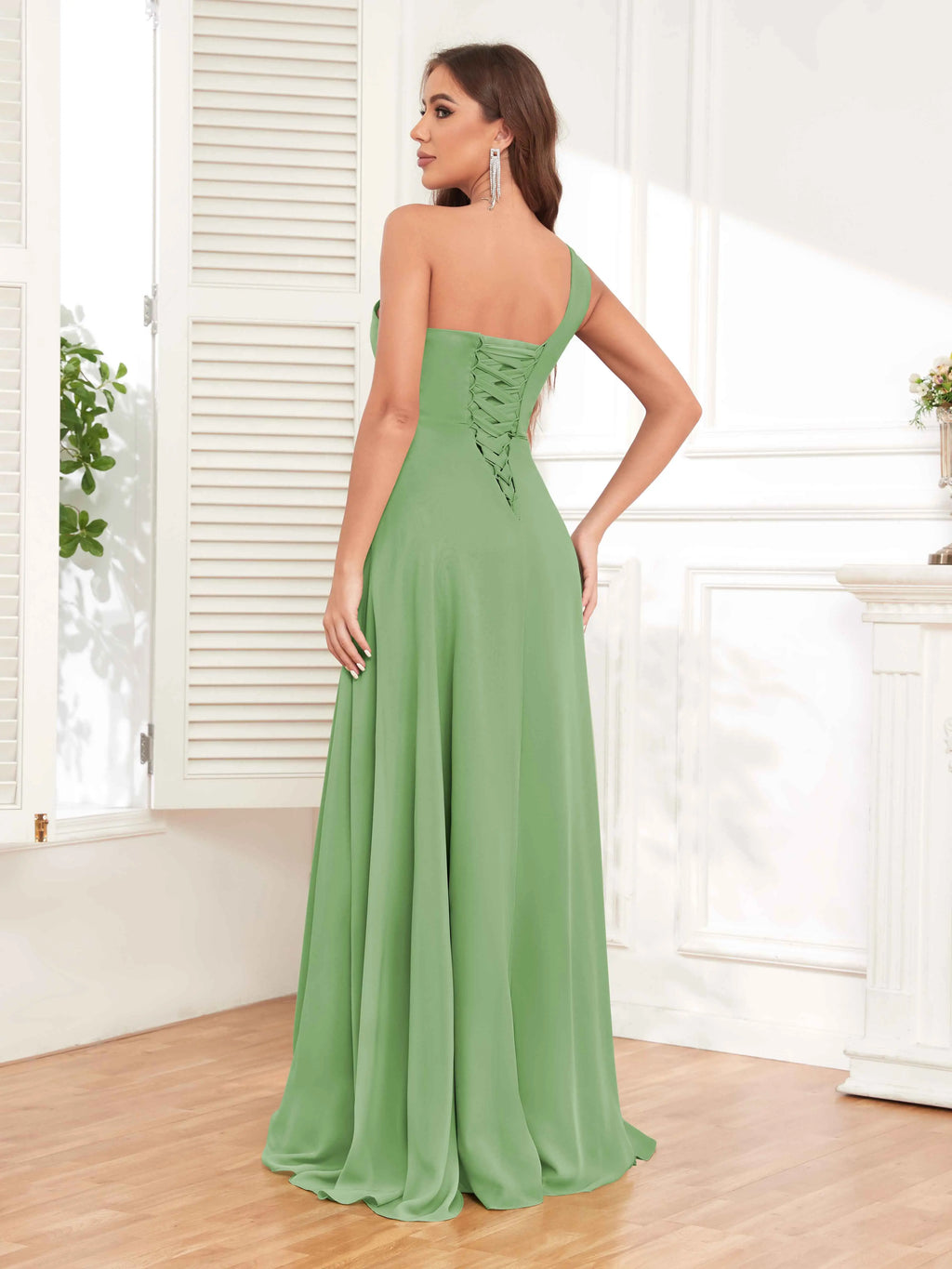 One Shoulder Chiffon Bridesmaid Dress – A-Line Pleated Floor Length Formal Dress with Slit oaklynwear