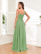 One Shoulder Chiffon Bridesmaid Dress – A-Line Pleated Floor Length Formal Dress with Slit oaklynwear