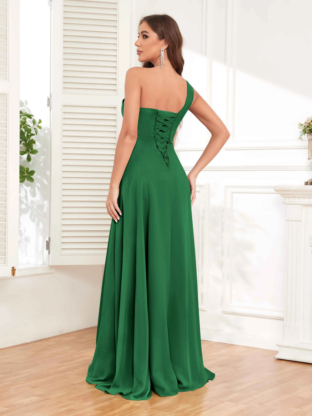One Shoulder Chiffon Bridesmaid Dress – A-Line Pleated Floor Length Formal Dress with Slit oaklynwear