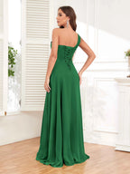 One Shoulder Chiffon Bridesmaid Dress – A-Line Pleated Floor Length Formal Dress with Slit oaklynwear