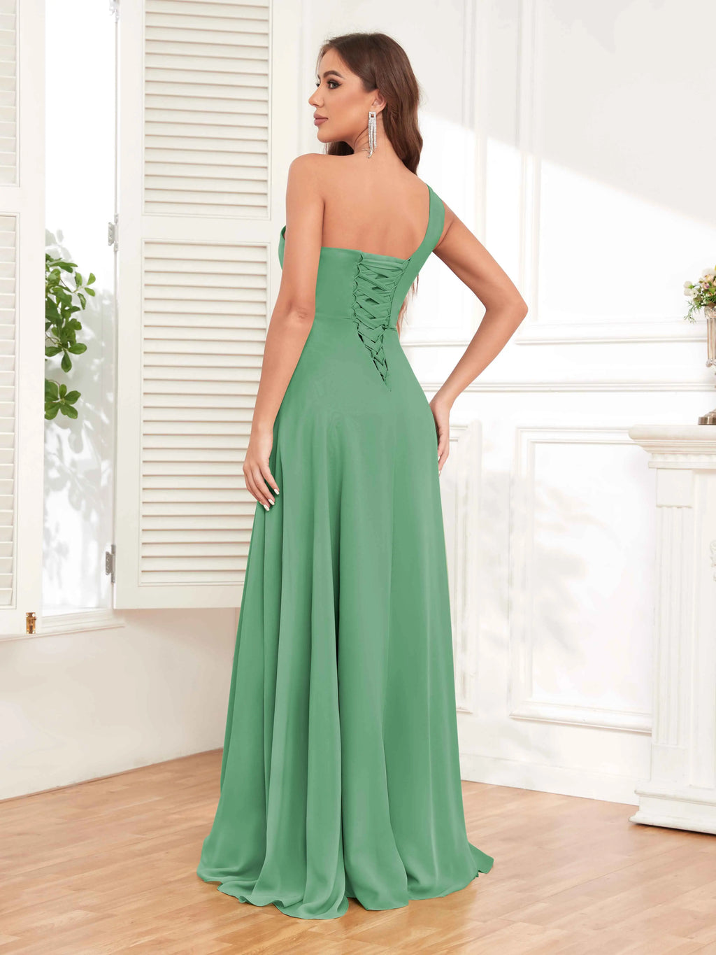 One Shoulder Chiffon Bridesmaid Dress – A-Line Pleated Floor Length Formal Dress with Slit oaklynwear