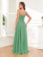 One Shoulder Chiffon Bridesmaid Dress – A-Line Pleated Floor Length Formal Dress with Slit oaklynwear