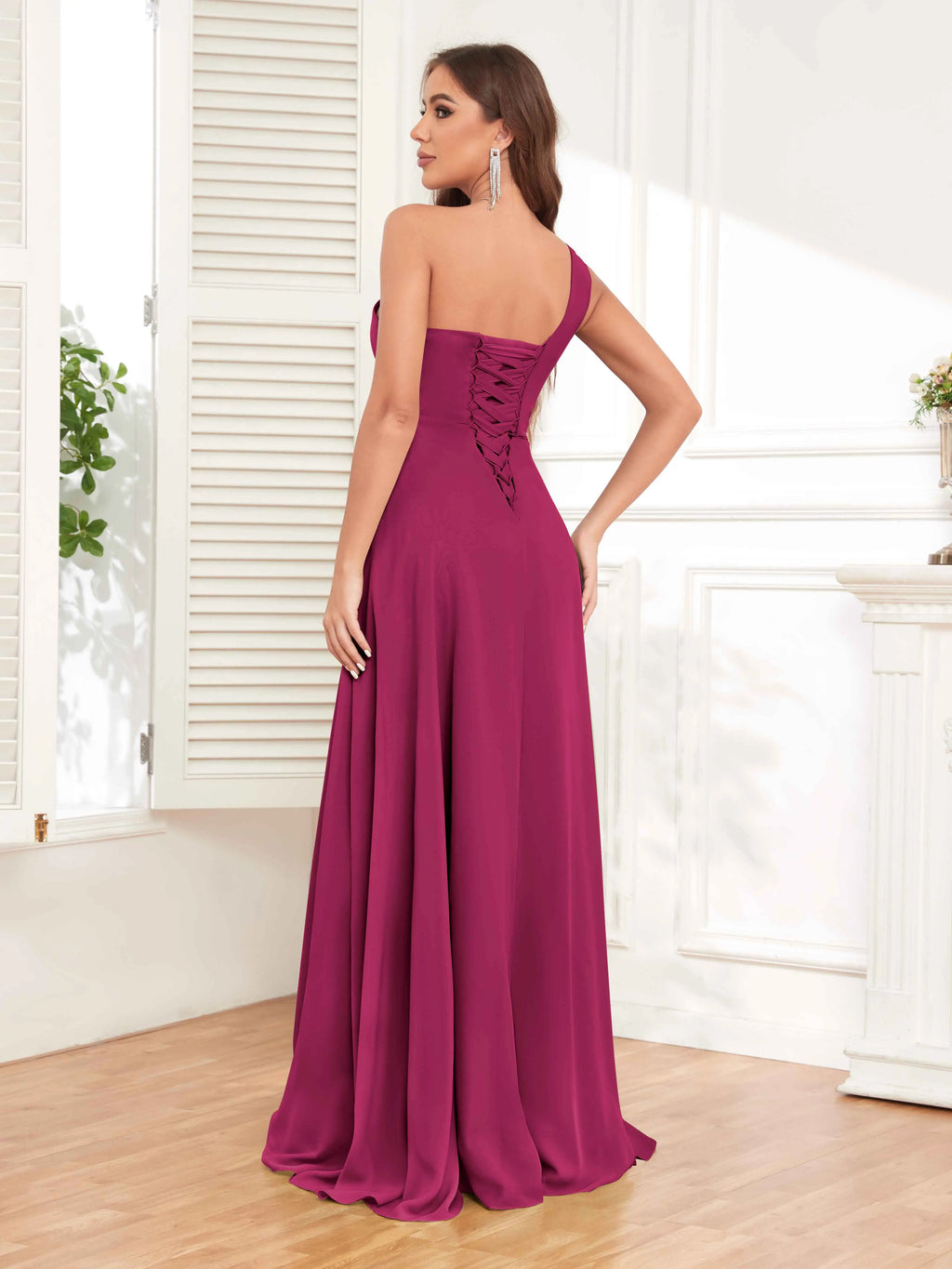 One Shoulder Chiffon Bridesmaid Dress – A-Line Pleated Floor Length Formal Dress with Slit oaklynwear