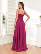 One Shoulder Chiffon Bridesmaid Dress – A-Line Pleated Floor Length Formal Dress with Slit oaklynwear