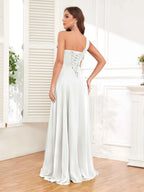 One Shoulder Chiffon Bridesmaid Dress – A-Line Pleated Floor Length Formal Dress with Slit oaklynwear