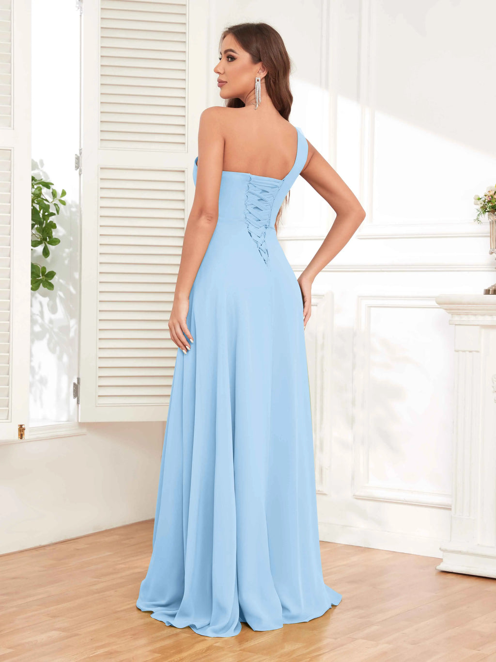 One Shoulder Chiffon Bridesmaid Dress – A-Line Pleated Floor Length Formal Dress with Slit oaklynwear