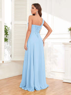 One Shoulder Chiffon Bridesmaid Dress – A-Line Pleated Floor Length Formal Dress with Slit oaklynwear