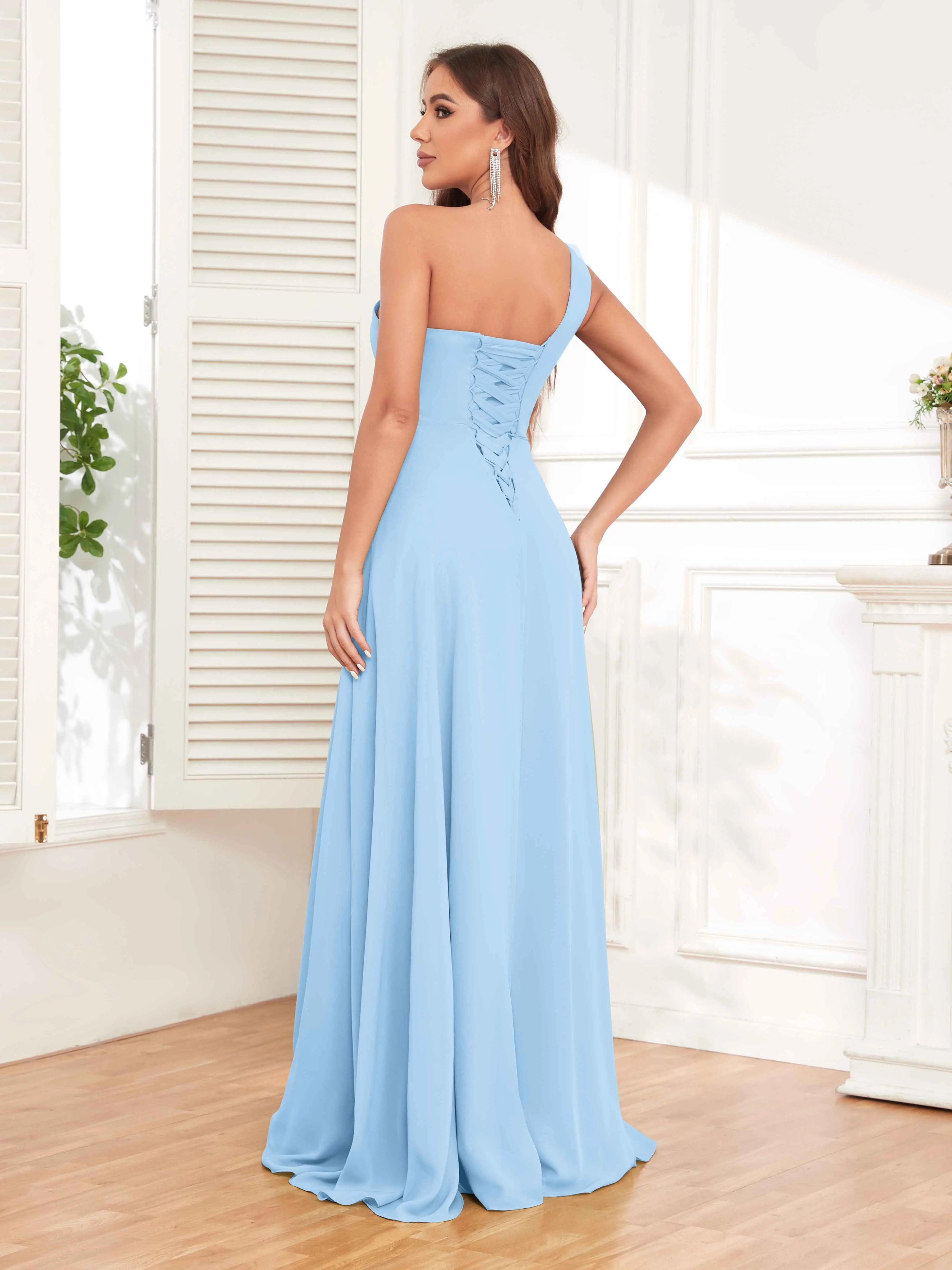 One Shoulder Chiffon Bridesmaid Dress – A-Line Pleated Floor Length Formal Dress with Slit oaklynwear
